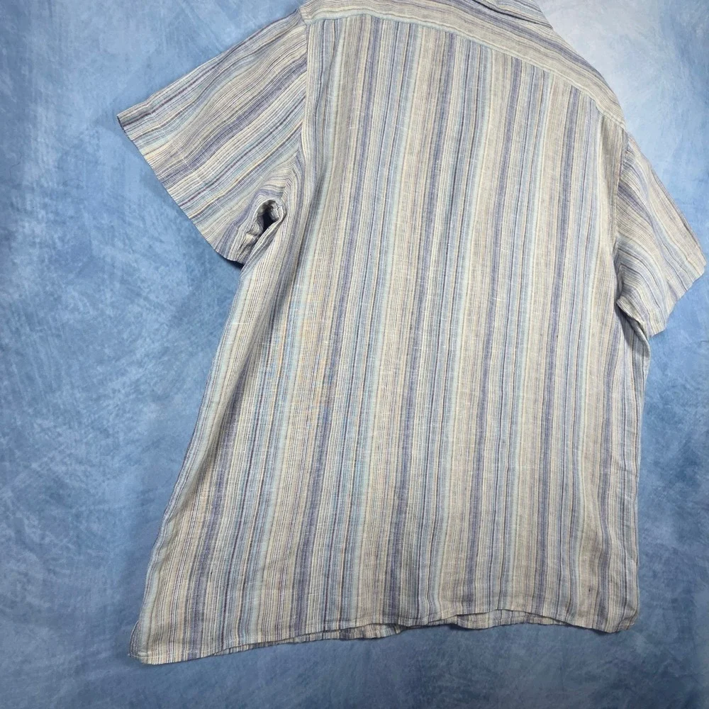 Banana Republic Mens XL Tall Linen Shirt Short Sleeve Striped Blue Tan Standard
